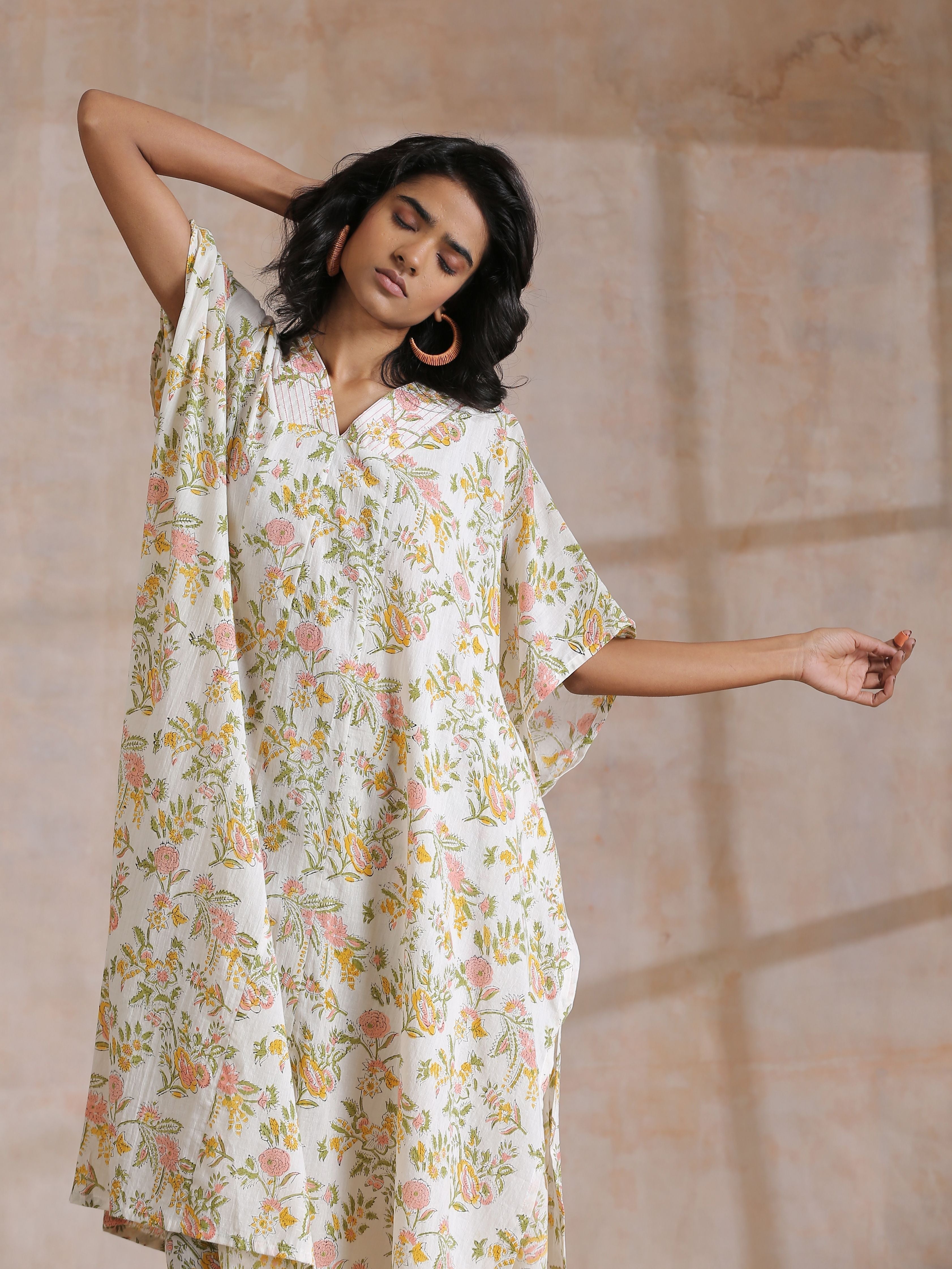 trueBrowns Pink Yellow Floral On White Block Print Cotton Panel Kaftan Kurta Pant Set | Grocsy