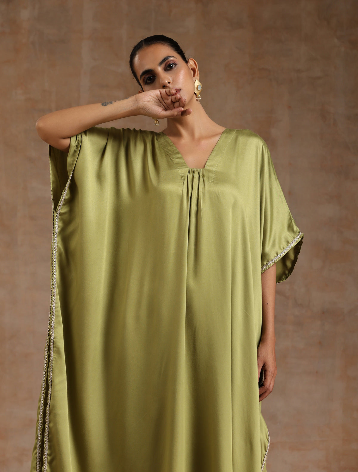 trueBrowns Light Green Modal Satin Kaftan Kurta Set | Grocsy
