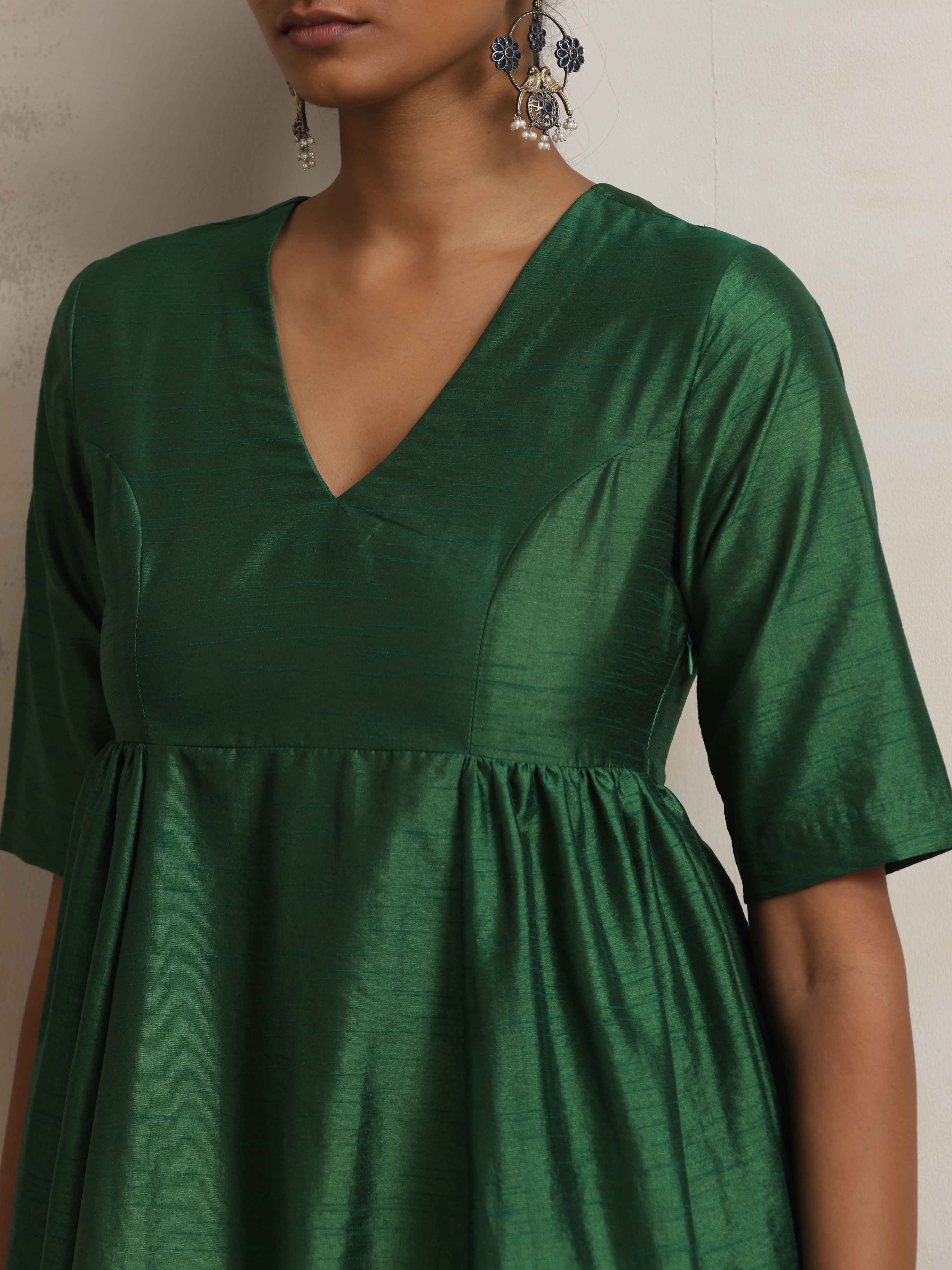 trueBrowns Dark Green Silk Arkali Flared Kurta Set | Grocsy