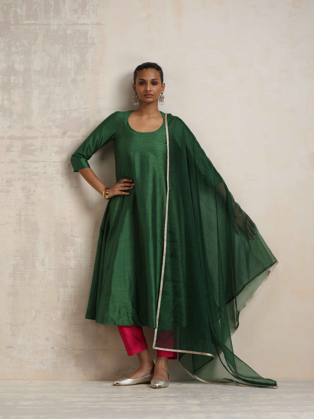 trueBrowns Dark Green Anarkali Kurta Pant Dupatta Set | Grocsy