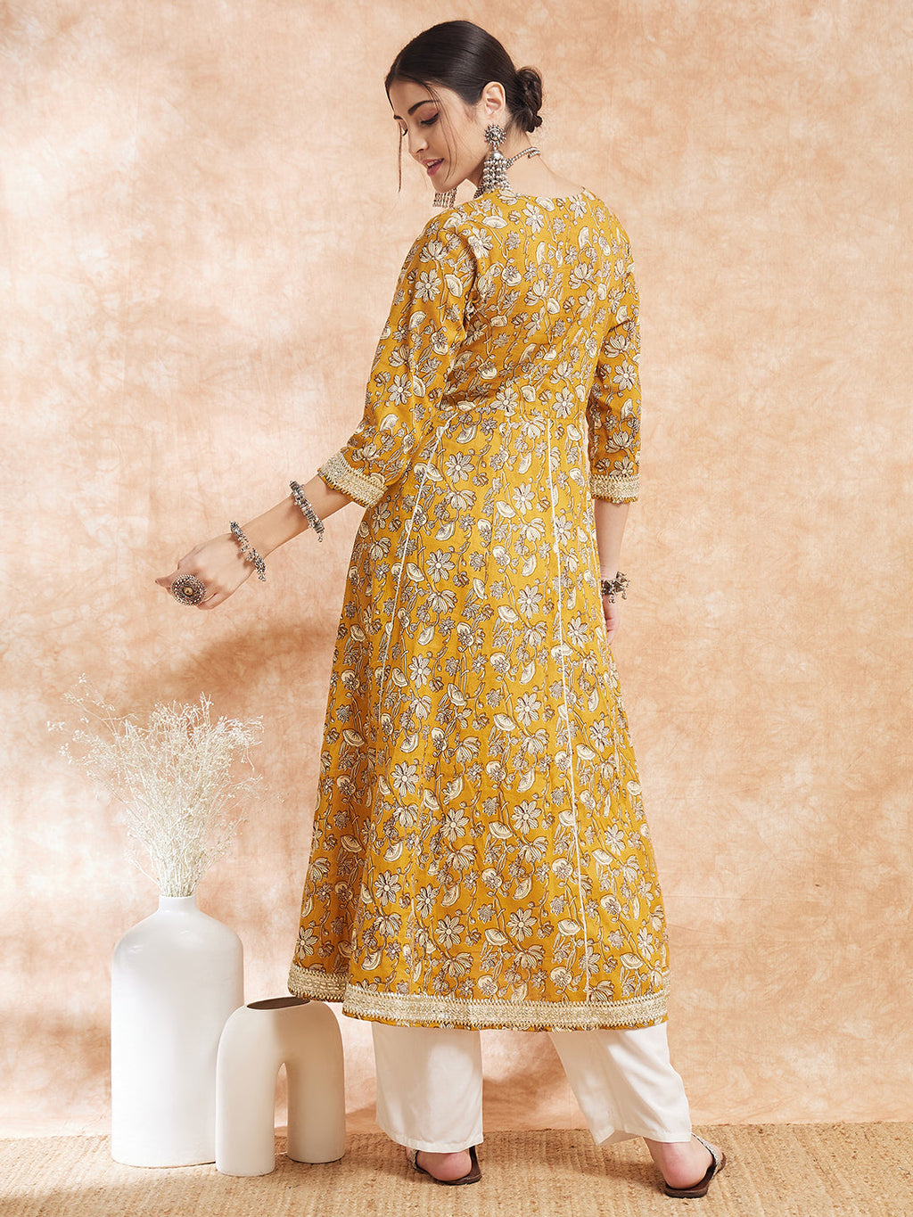 InWeave Women's Mustard Printed Gota Embroidered Anarkali Kurta | Grocsy