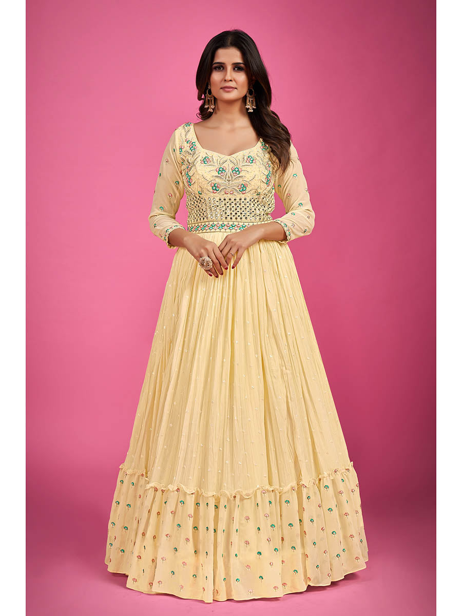 Myra Yellow Pure Georgette Embroidered Gown | Grocsy