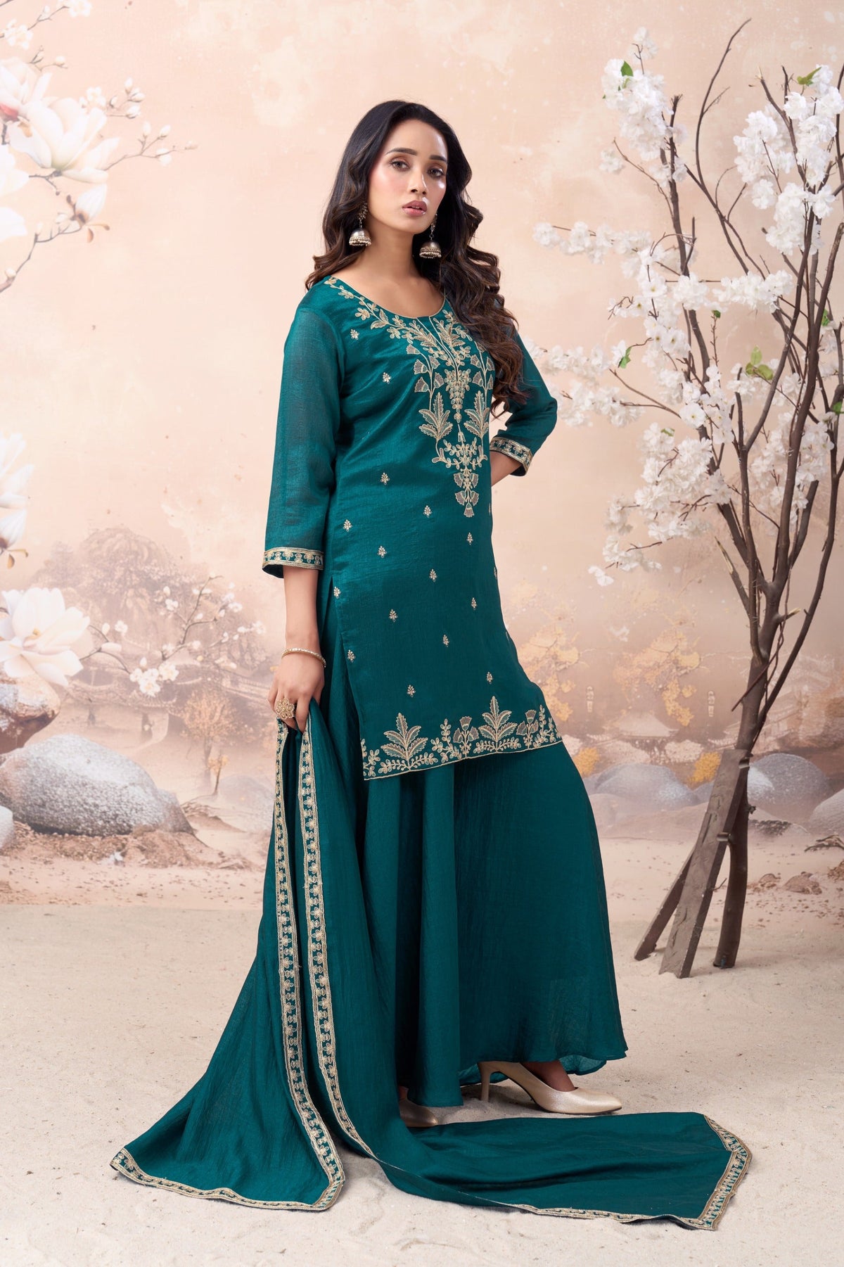 Anaita Teal Vichitra Silk Readymade Suit with Coding Work | Grocsy