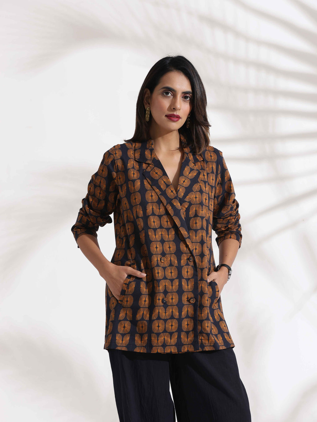 trueBrowns Black Cotton Print Jacket Top Co-ord Set | Grocsy