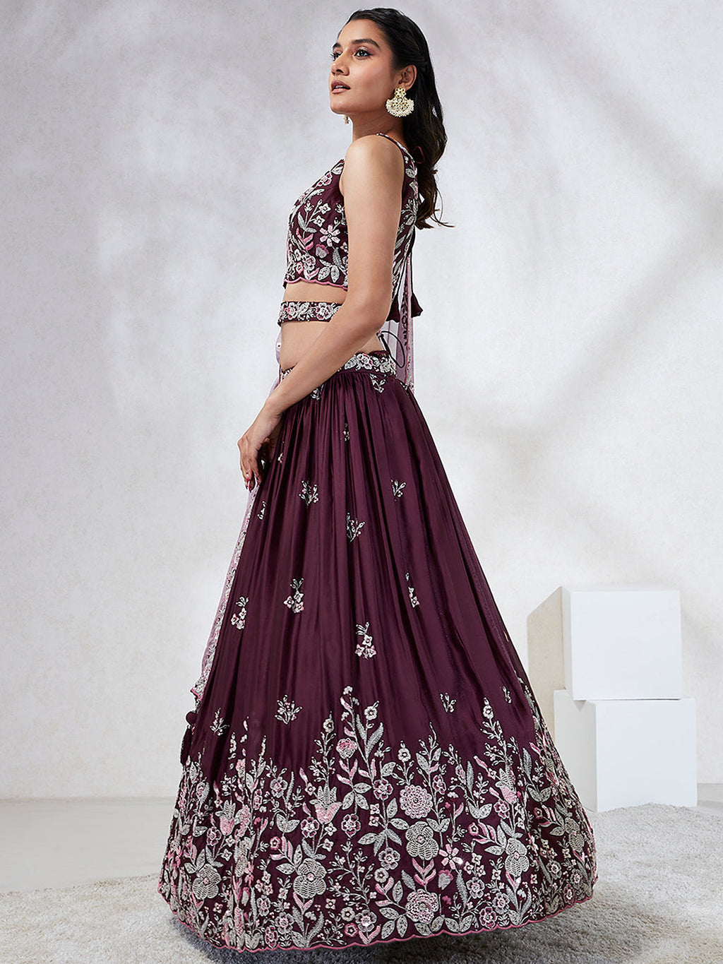 House of Panchhi Burgundy Pure Georgette Sequins And Thread Embroidery Lehenga Choli & Dupatta | Grocsy