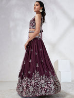 House of Panchhi Burgundy Pure Georgette Sequins And Thread Embroidery Lehenga Choli & Dupatta | Grocsy