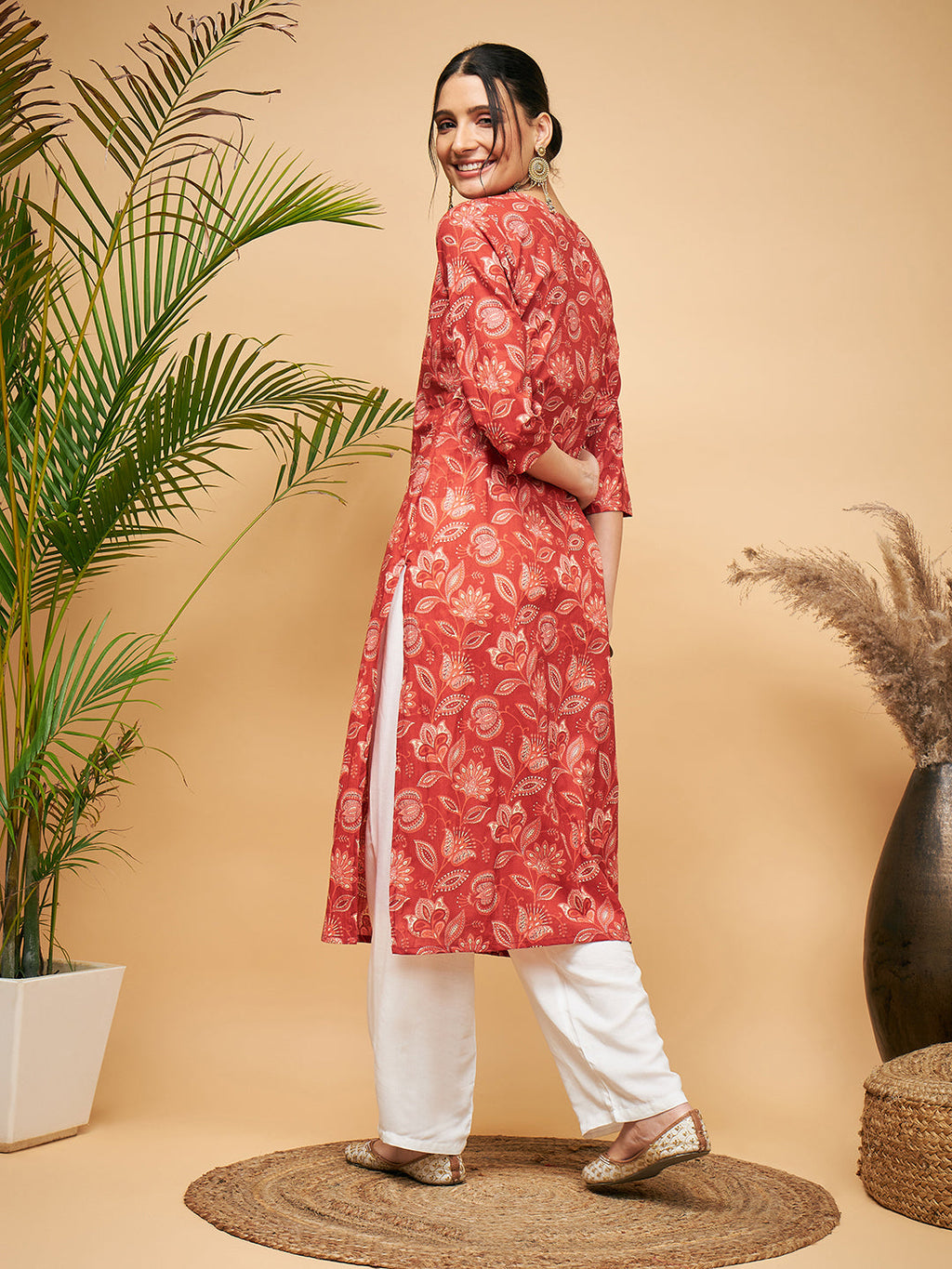 InWeave Women's Rust Paisley Print Gota Straight Kurta | Grocsy