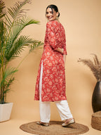 InWeave Women's Rust Paisley Print Gota Straight Kurta | Grocsy