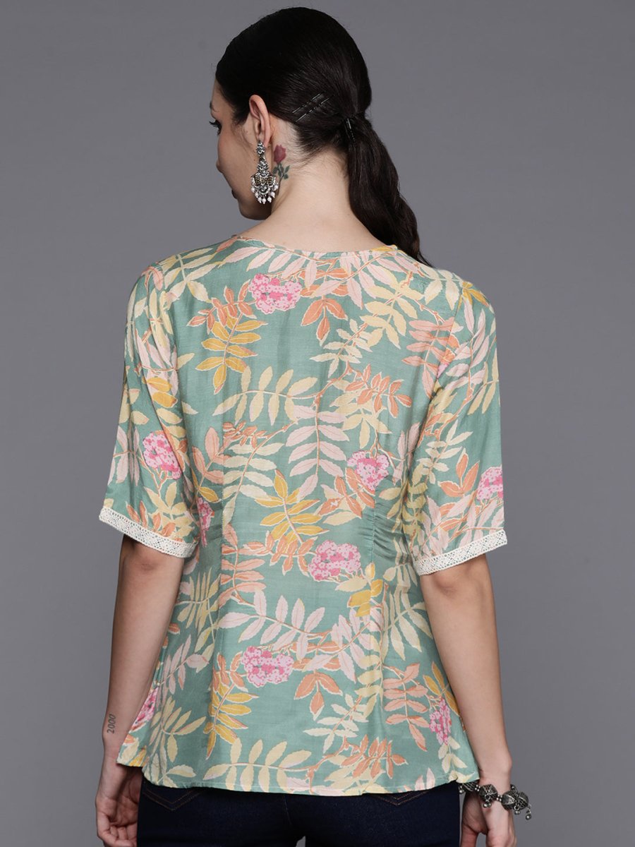 Ahalyaa Floral Printed Tunic with Lace Inserts Detail | Grocsy