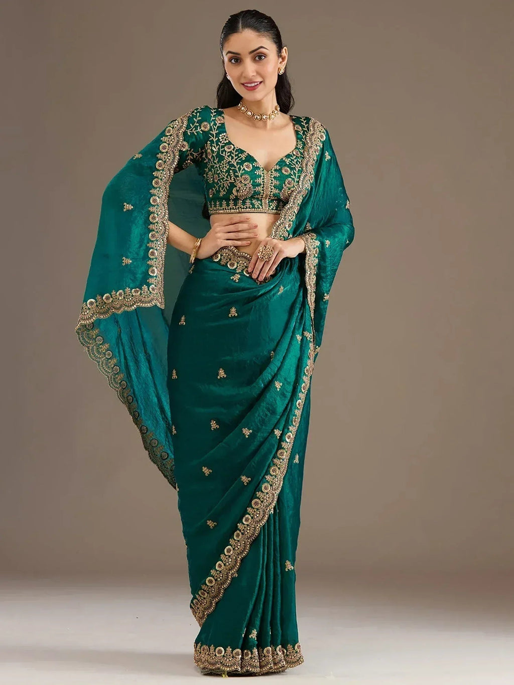 Tulsi Art Charming Green Zari Embroidered Silk Reception Wear Saree With Blouse | Grocsy