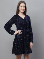 Jainish Women's WoSequin Velvet A-line dress - Navy Blue | Grocsy