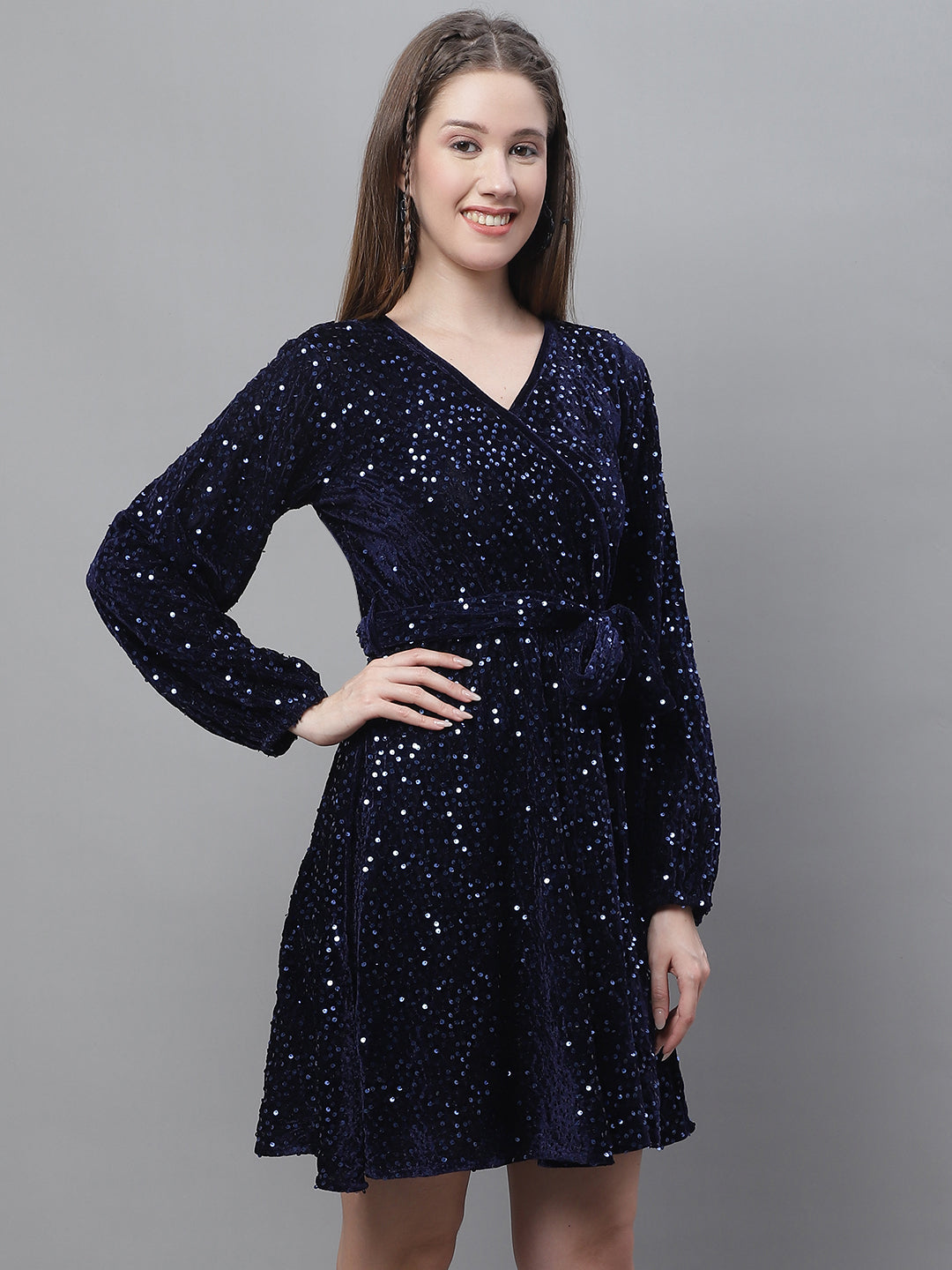 Jainish Women's WoSequin Velvet A-line dress - Navy Blue | Grocsy
