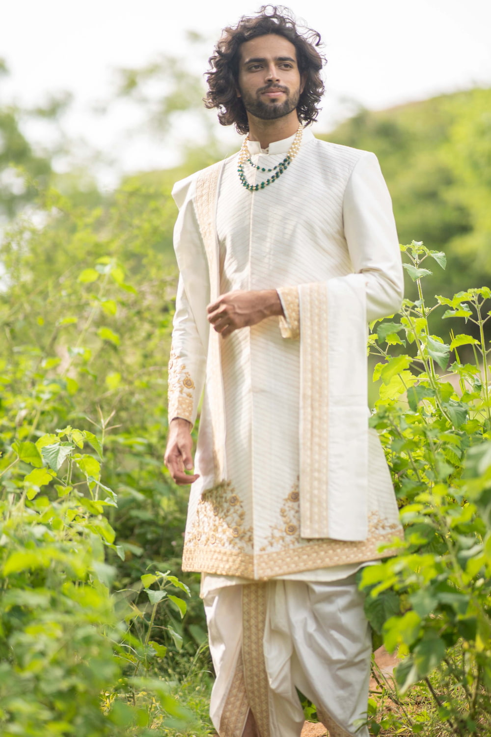 Cream Gold Designer Men's Sherwani by Hilo Design | Grocsy