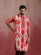 trueBrowns Men's Maroon Ikat Print Mandarin Collar Kurta | Grocsy