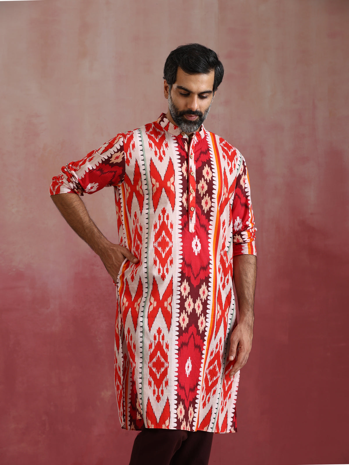 trueBrowns Men's Maroon Ikat Print Mandarin Collar Kurta | Grocsy