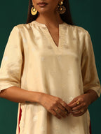 trueBrowns Ivory Geometric Floral Viscose Silk High Low Kurta Pant Set | Grocsy