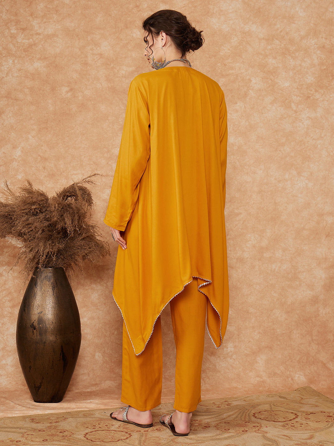 InWeave Women's Mustard Trangle Yellow Patch Work Assymentrical Kurta Set | Grocsy