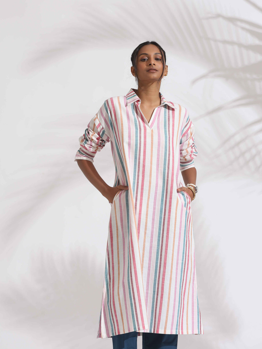trueBrowns Off-White Cotton Multi Stripe A-line Kurta Set | Grocsy