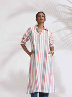 trueBrowns Off-White Cotton Multi Stripe A-line Kurta Set | Grocsy