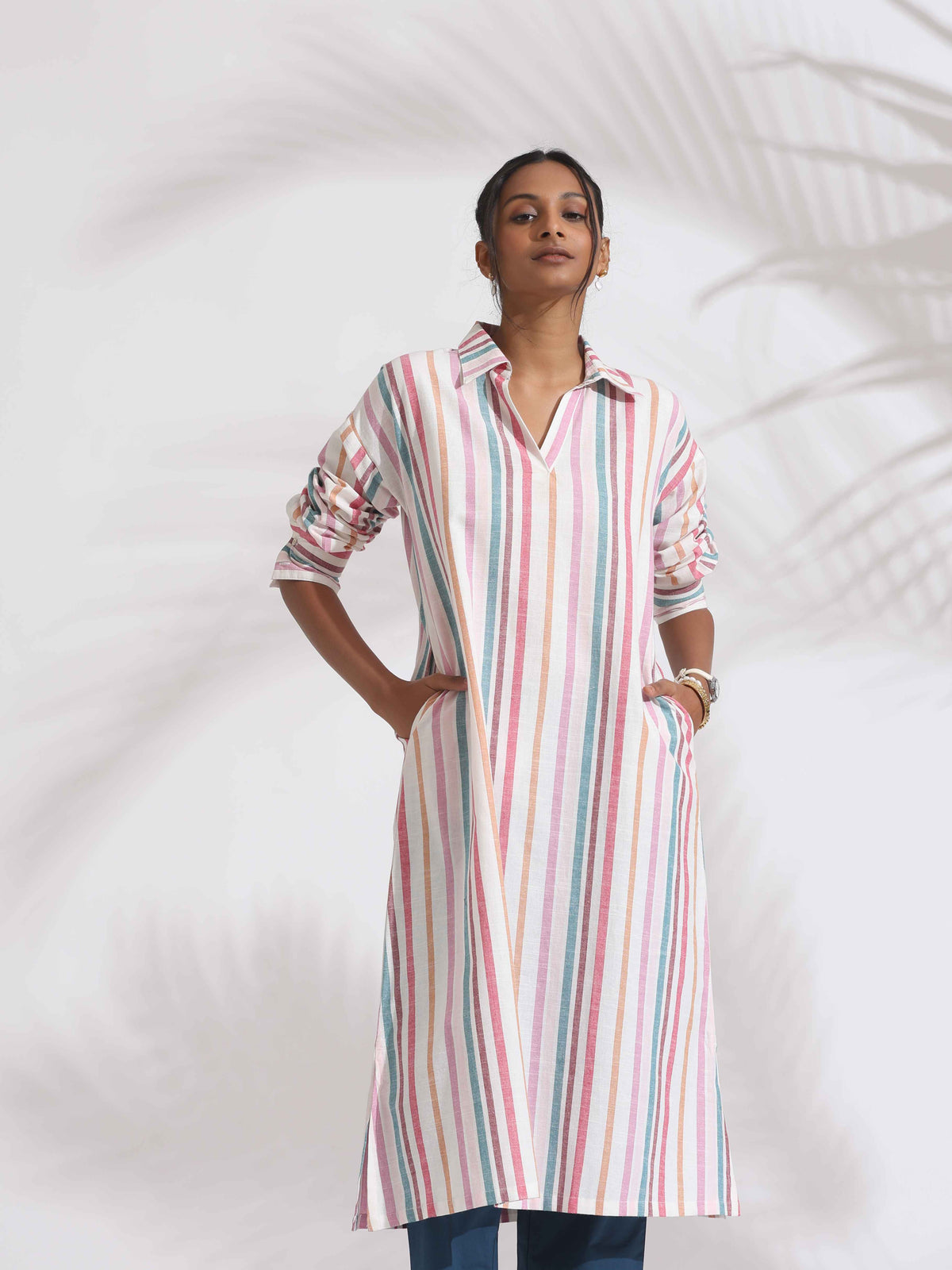 trueBrowns Off-White Cotton Multi Stripe A-line Kurta Set | Grocsy