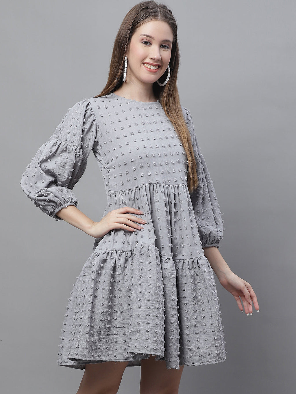 Jainish Women's Peach Self Design Tiered Dress | Grocsy