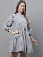 Jainish Women's Peach Self Design Tiered Dress | Grocsy