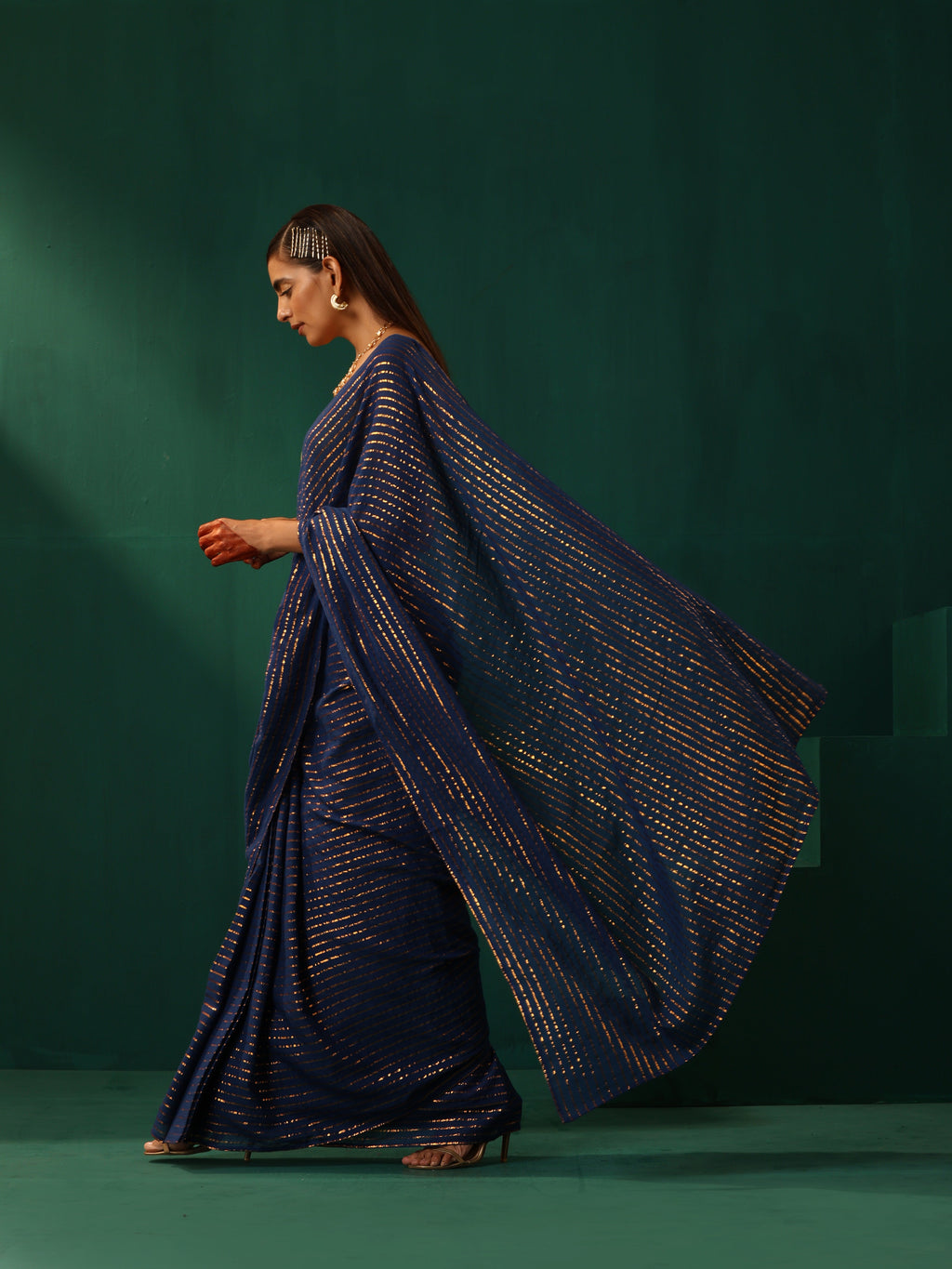 trueBrowns Royal Blue Cotton Gold Lurex Striped Ready to Wear Saree | Grocsy