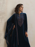 trueBrowns Blue Velvet Floral Embroidered Kurta Pant Dupatta Set | Grocsy