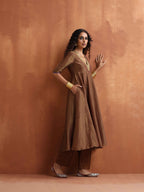 trueBrowns Bronze Tissue Flared Anarkali Kurta Set | Grocsy