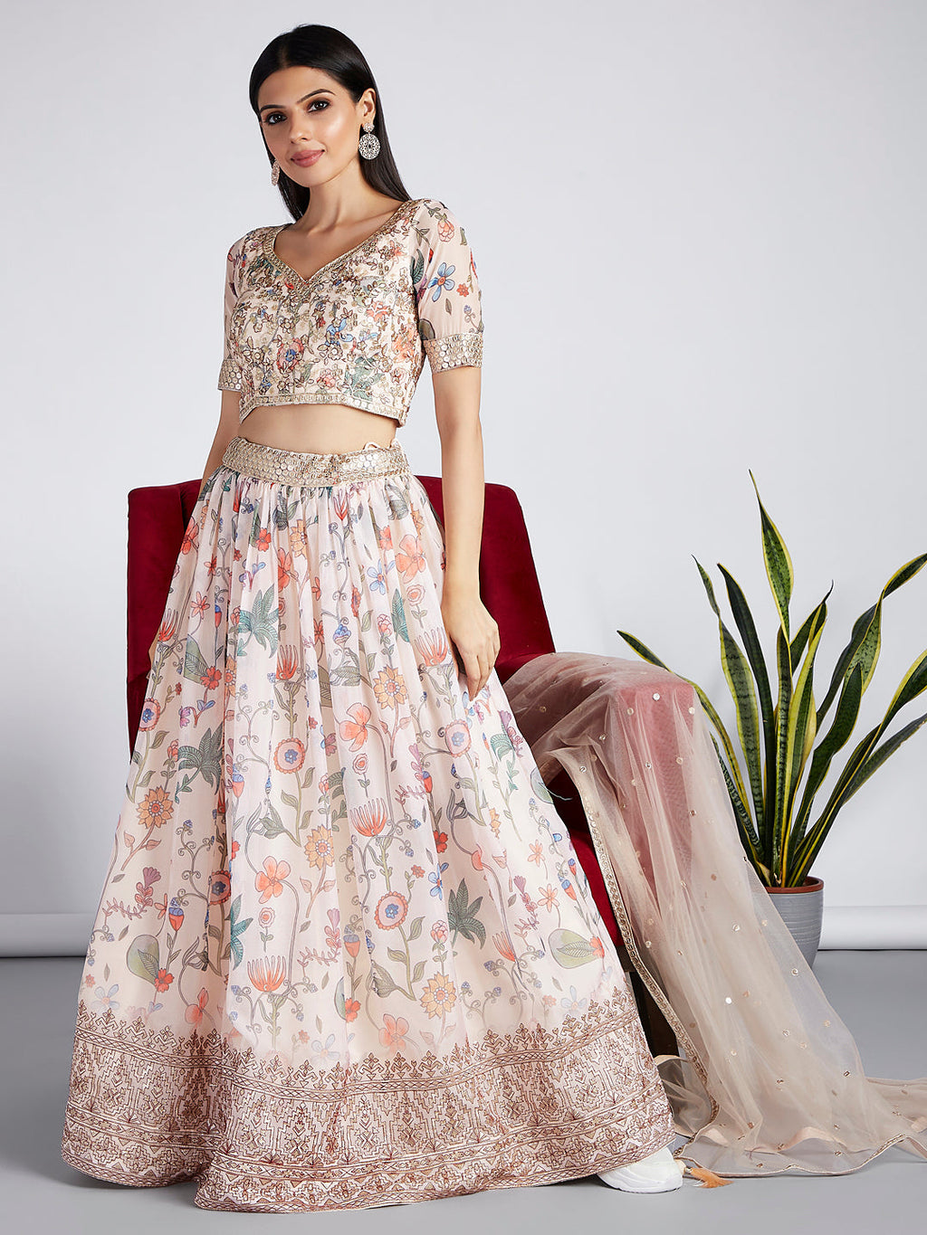 House of Panchhi Cream Colour Organza Floral Design Digital Print Lehenga Choli & Dupatta | Grocsy