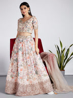 House of Panchhi Cream Colour Organza Floral Design Digital Print Lehenga Choli & Dupatta | Grocsy