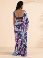 trueBrowns Blue Purple Muslin Ikat Saree | Grocsy