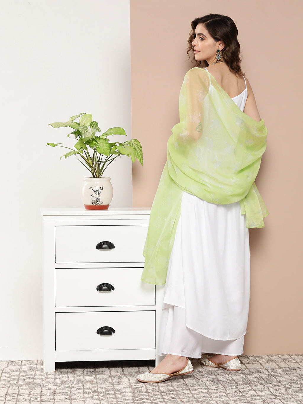 InWeave Women's Cream Strappy With Green White Chintz Organza Dupatta | Grocsy