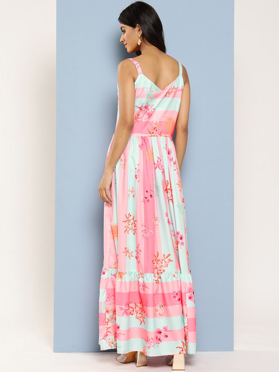 Ahalyaa Striped Floral Print Crepe Maxi Ethnic Dress | Grocsy