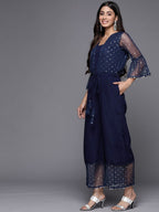 Ahalyaa Printed Bell Sleeves Crepe Basic Jumpsuit With Waist Tie-Ups | Grocsy