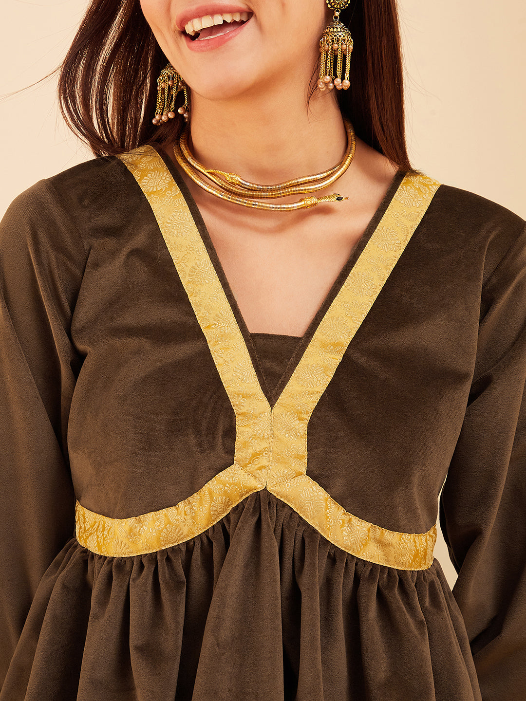 InWeave Women's Brown Mughal Shaan Style Velvet Short Kurta Set | Grocsy