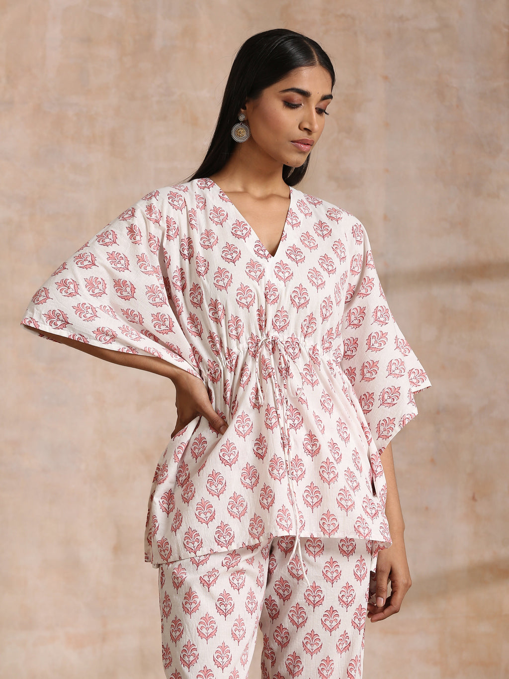 trueBrowns Pink Buta On White Block Print Cotton Kaftan Co-Ord Set | Grocsy