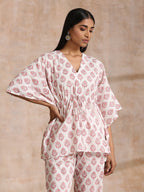 trueBrowns Pink Buta On White Block Print Cotton Kaftan Co-Ord Set | Grocsy