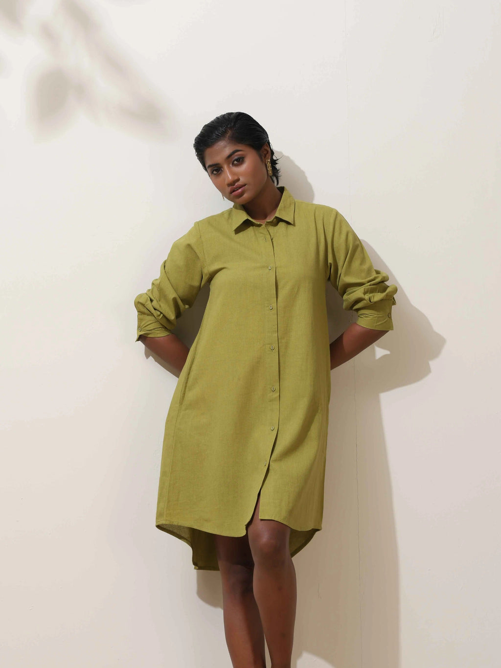 trueBrowns Pear Green Cotton Linen Dress | Grocsy