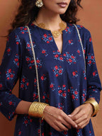trueBrowns Blue Floral Print Flared Anarkali Kurta Co-ord Set | Grocsy