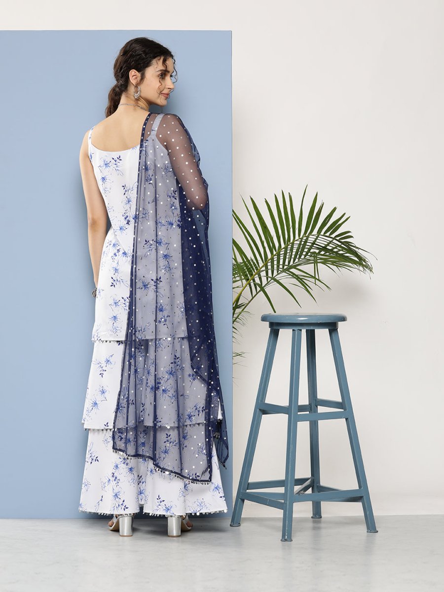 Ahalyaa Women White Floral Printed Sequinned Kurta with Sharara & With Dupatta | Grocsy
