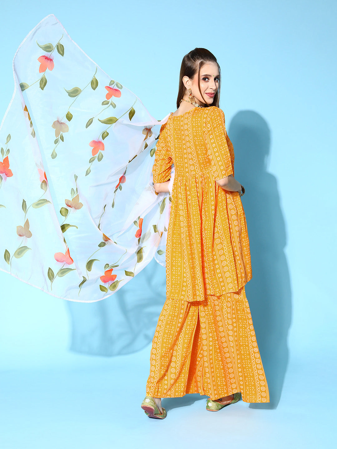 InWeave Women's Yellow Bandhani Sharara Set With Dupatta | Grocsy