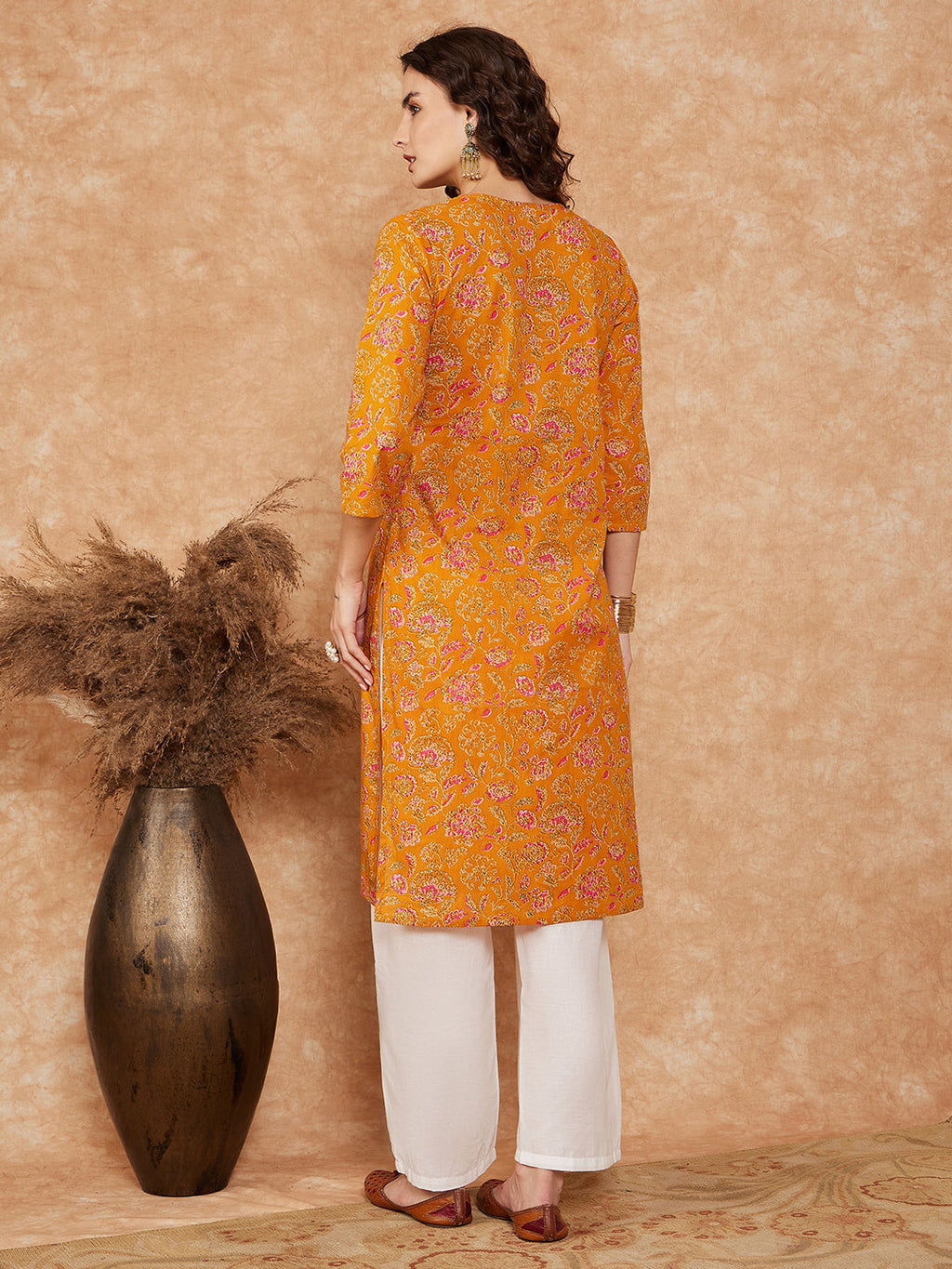 InWeave Women's Fire Yellow Print V Neck Lace Work Straight Kurta | Grocsy