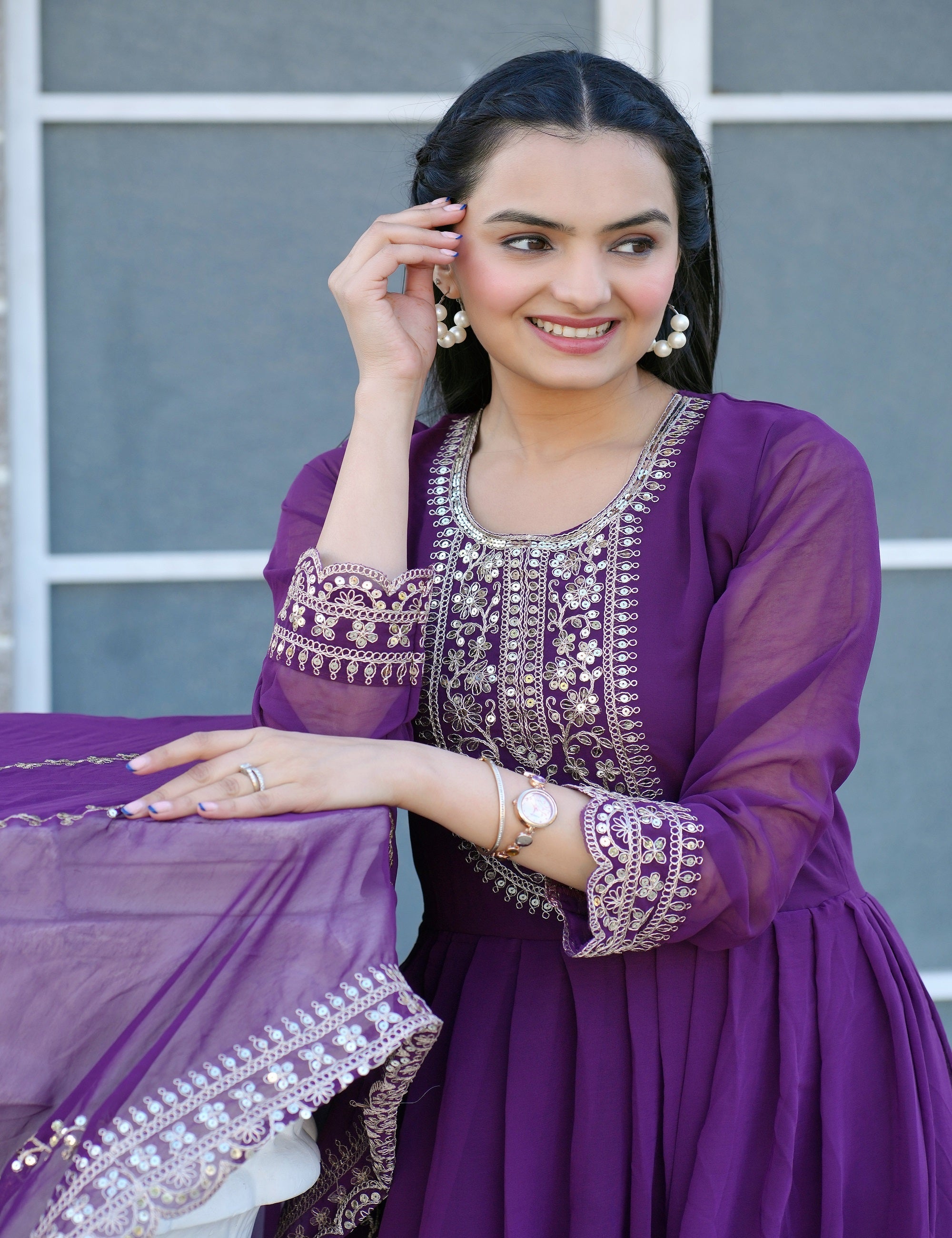 Teeya Creation Purple Color Georgette Silk Heavy Embroidery Work Fully Stitched Gown Set | Grocsy