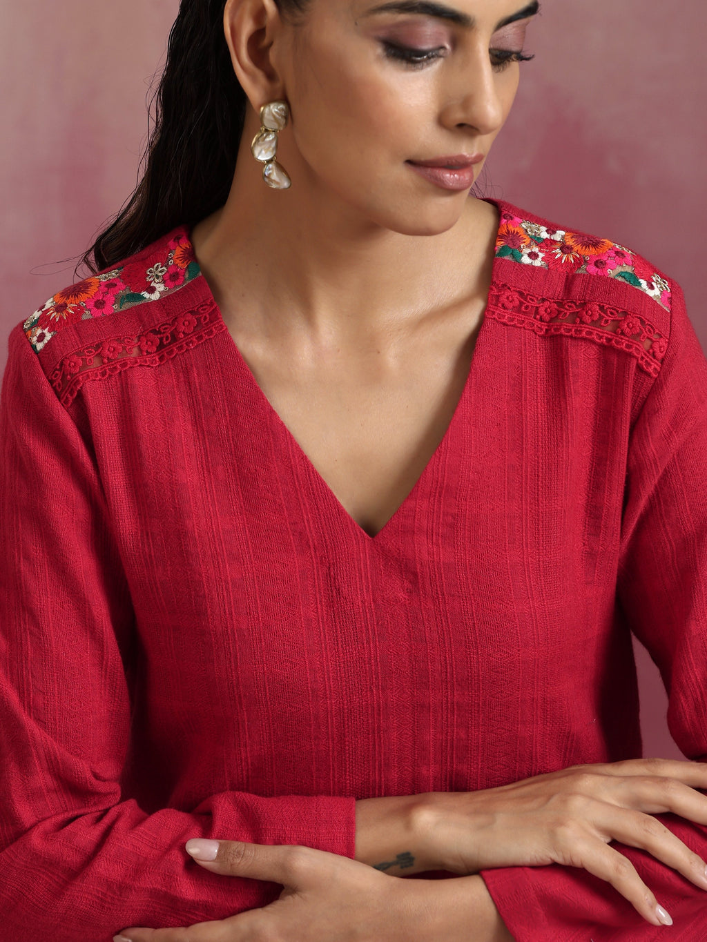 trueBrowns Red Cotton Dobby Kurta Co-ord set | Grocsy