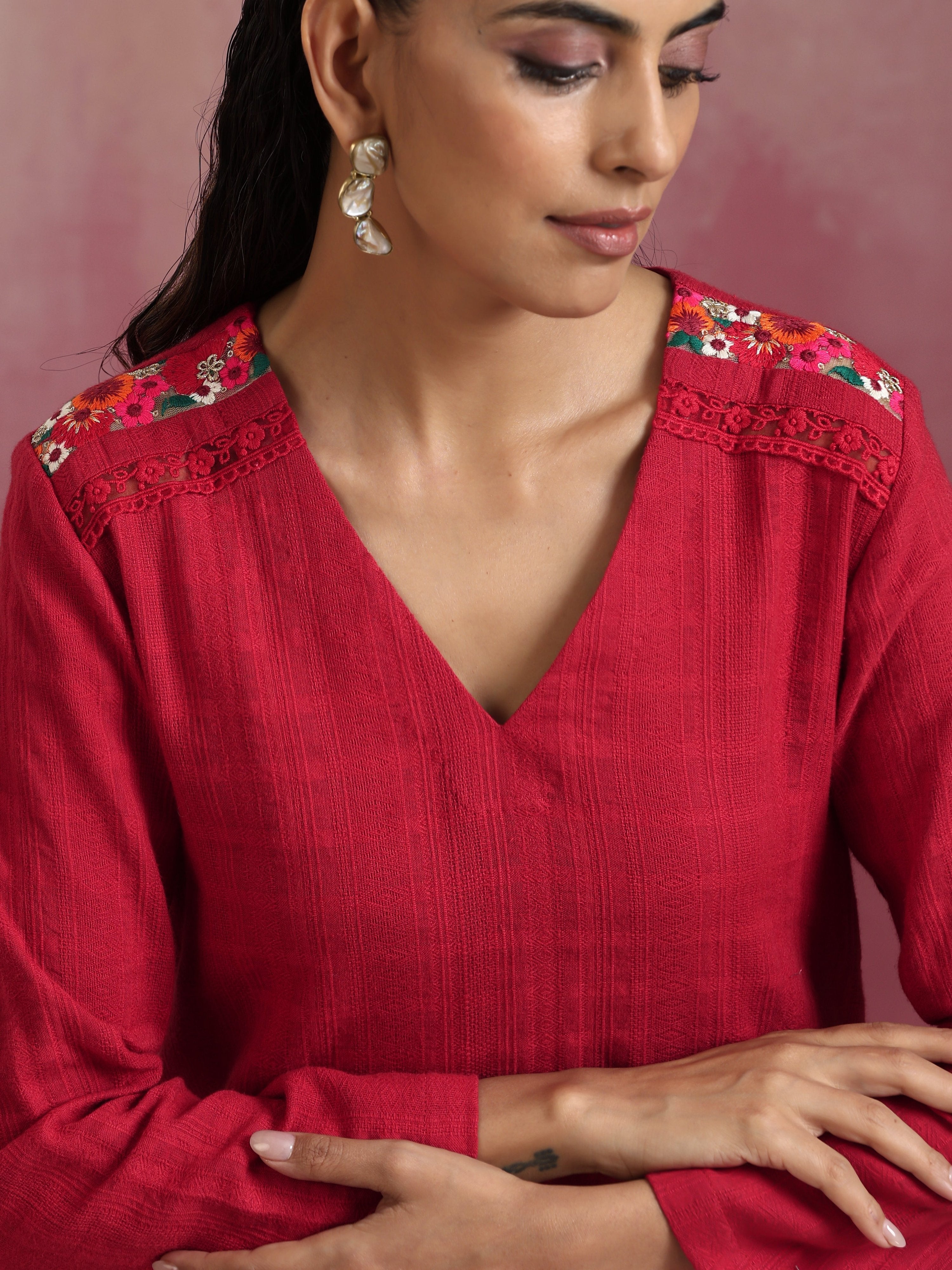 trueBrowns Red Cotton Dobby Kurta Co-ord set | Grocsy
