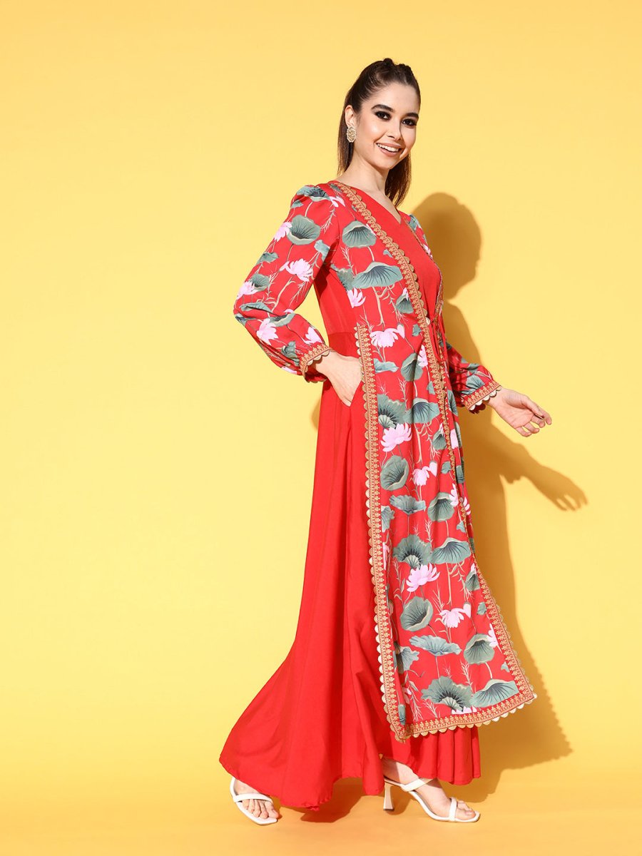 Ahalyaa Floral Printed Tie-Ups Maxi Ethnic Dress | Grocsy