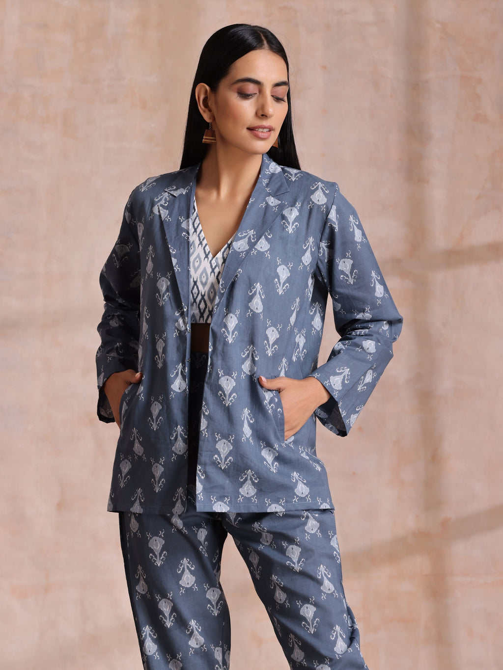 trueBrowns Grey On Grey Ikat Print Cotton Pant Suit Set | Grocsy