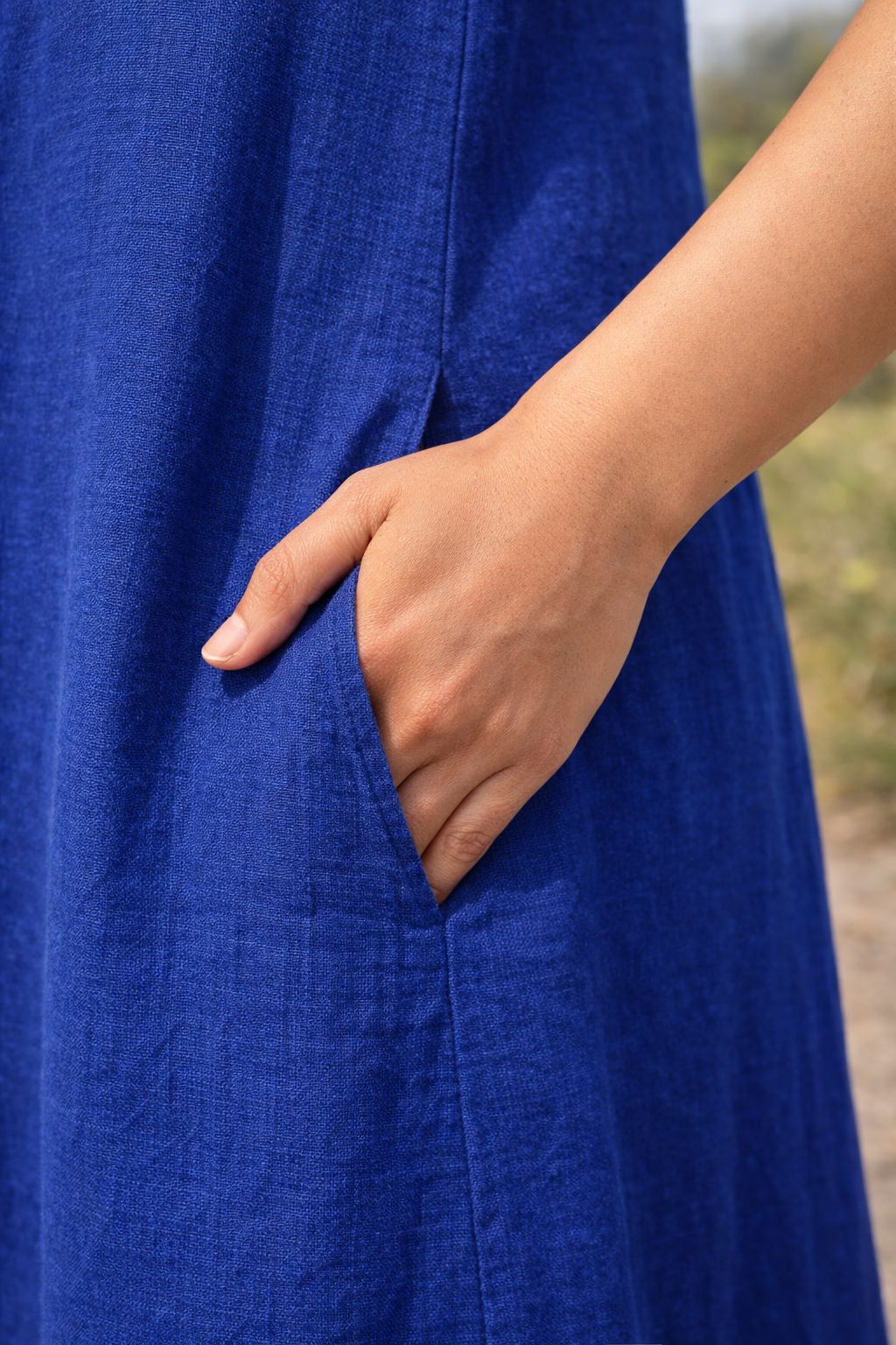 Myshka Women Blue Linen Smart Casual A-Line Midi Dress | Grocsy