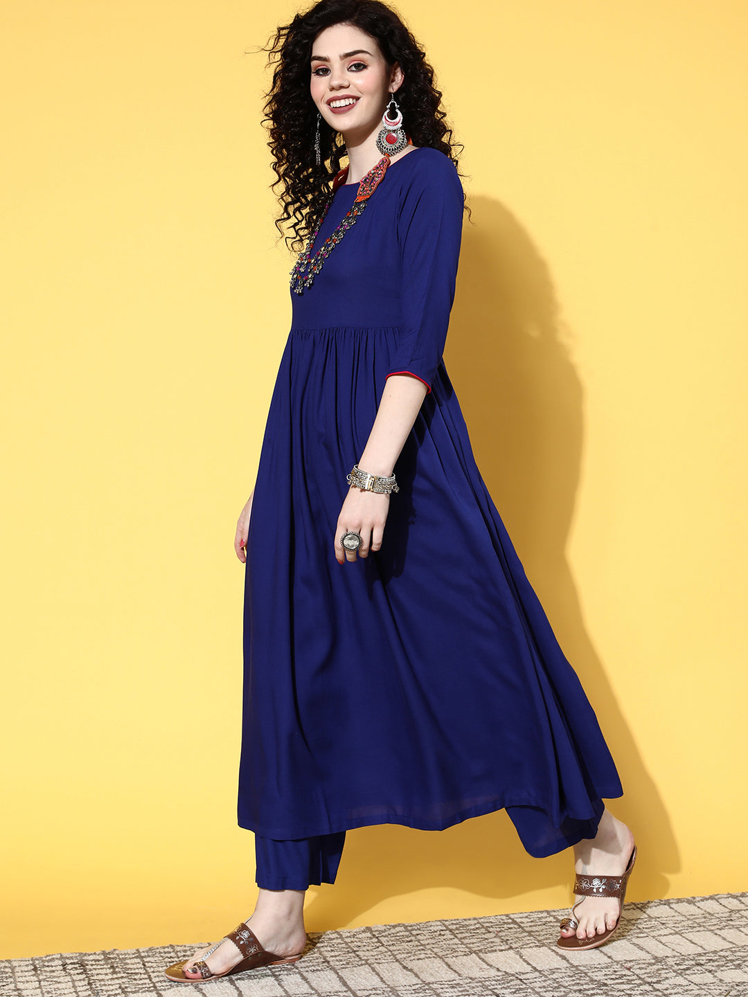 InWeave Women's Ink Blue Long Anarkali Kurta Set With Red Rose Organza Dupatta | Grocsy